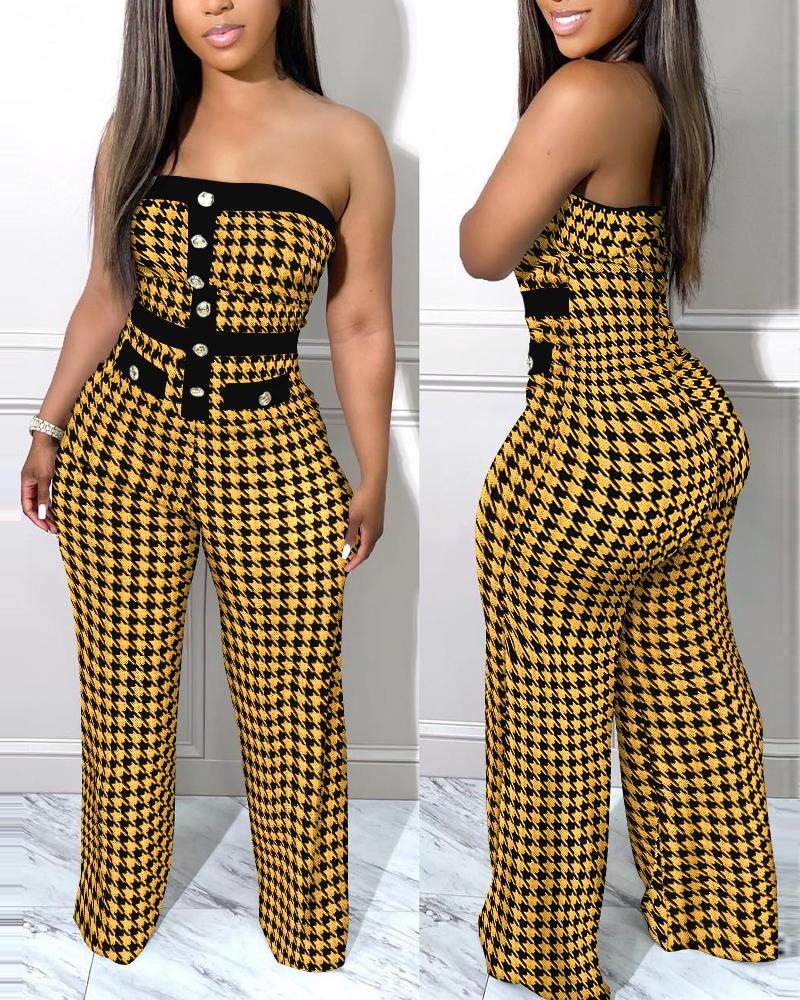 

Houndstooth Print Button Decor Tube Jumpsuit, Black