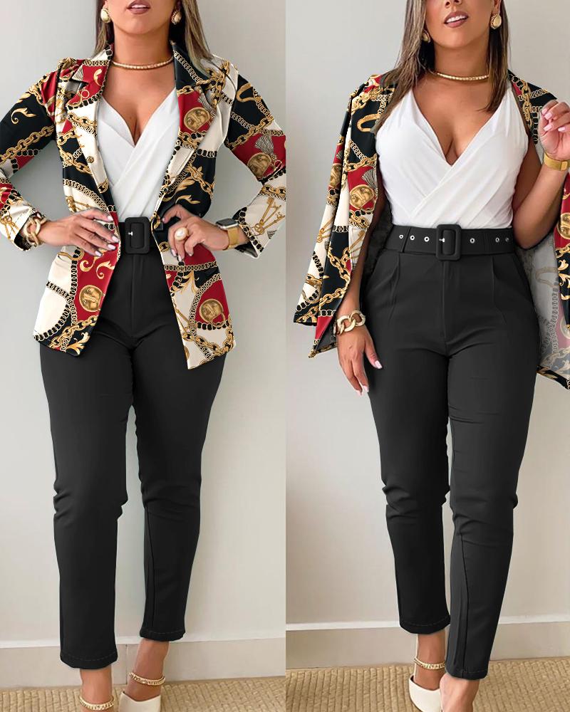 

Scarf Baroque Chain Print Blazer Coat & Belted Pants Set, Black