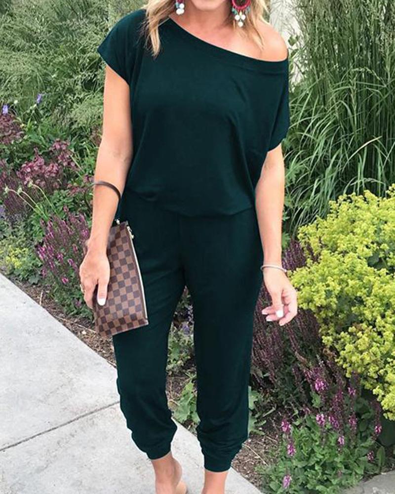 

One Shoulder Short Sleeve Jumpsuit, Green