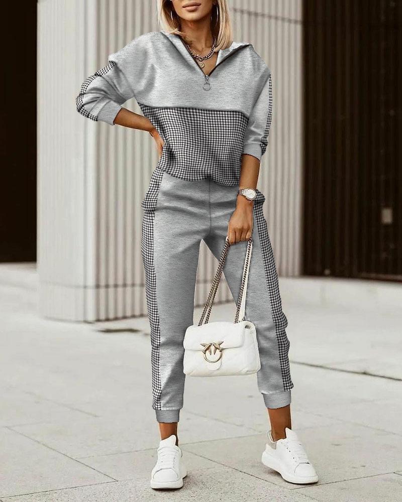 

Geo Print Zip Front Hoodie & Pants Set, Gray