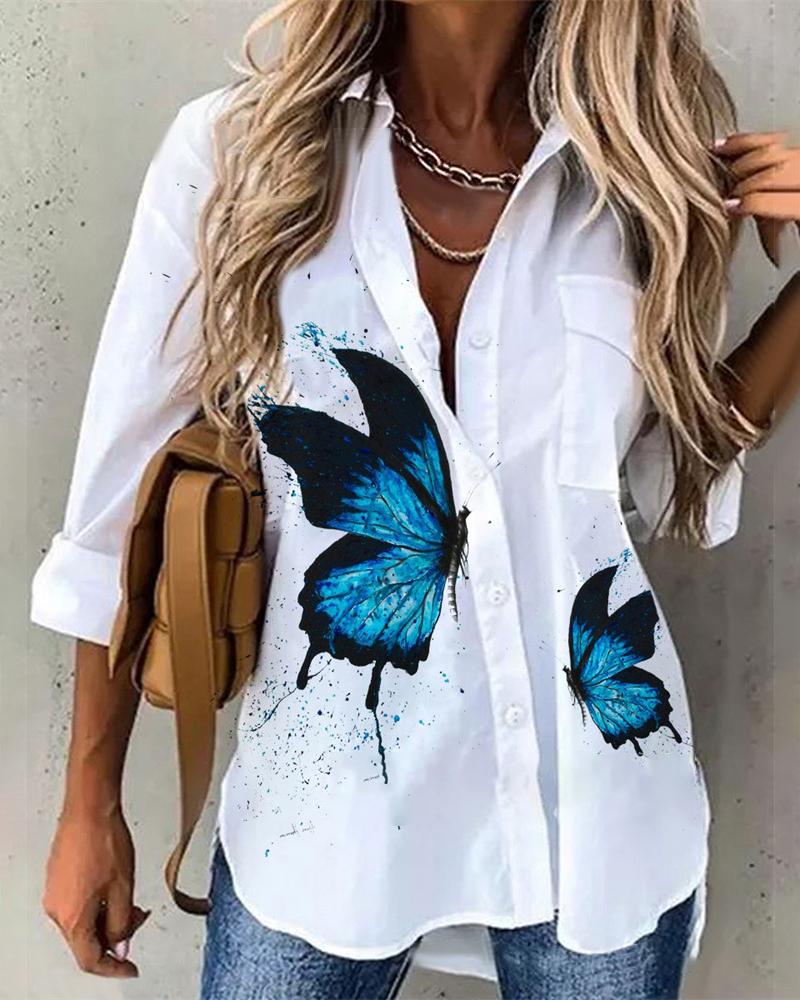 

Butterfly Print Long Sleeve Button Down Shirt, White