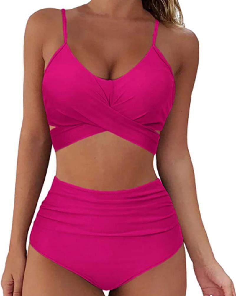 

V-Neck Sleeveless Cross Front Bikini Set, Red
