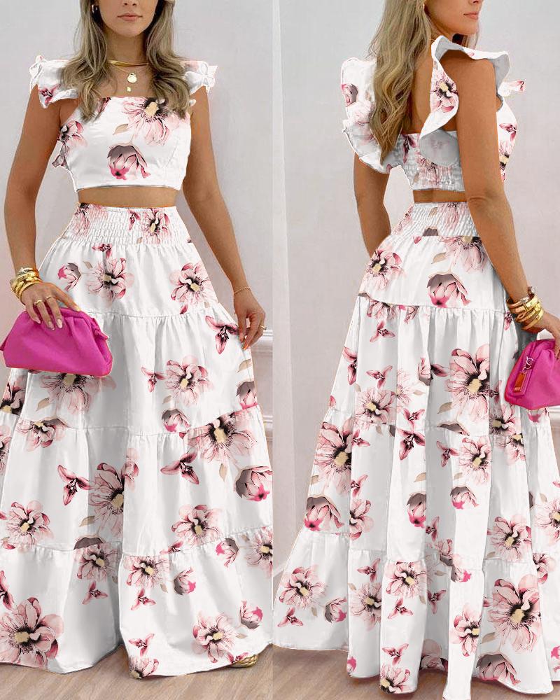 

Floral Print Shirred Crop Top & Skirt Set, White