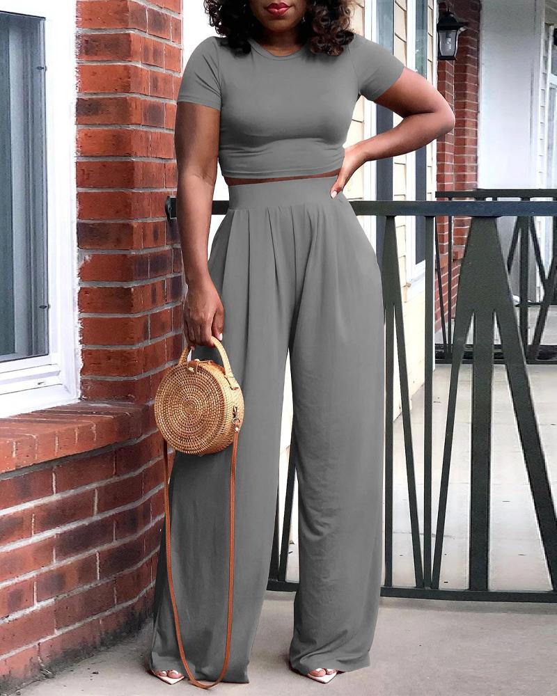 

Plain Crop Top & Wide Leg Pants Set, Gray