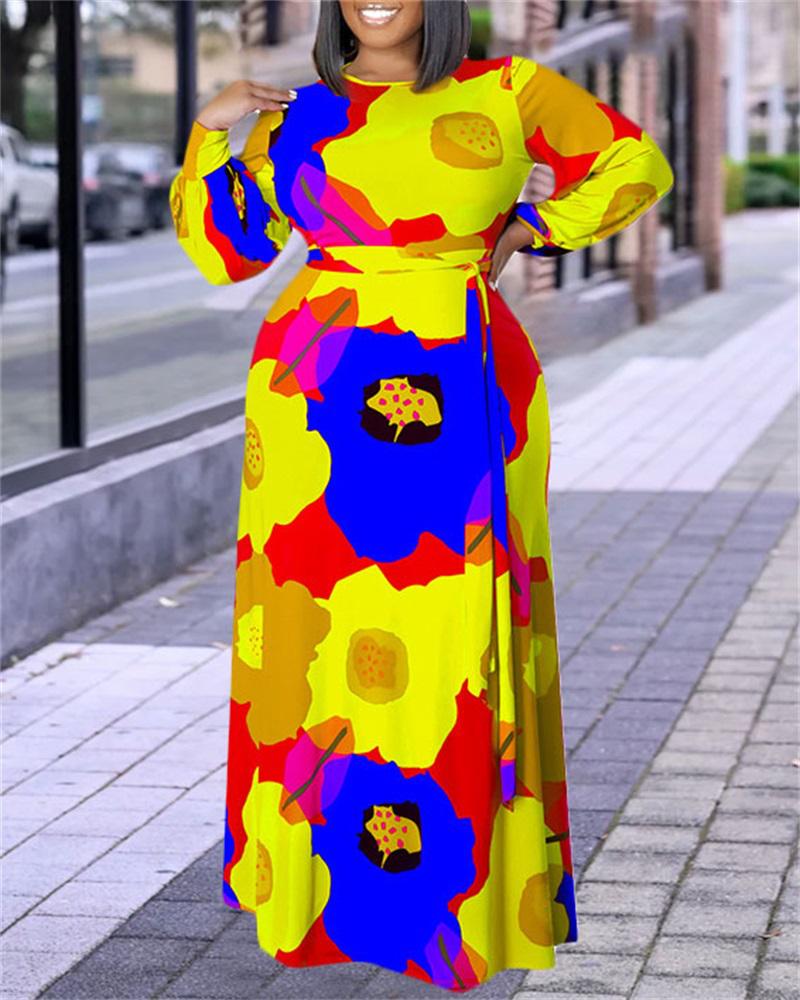 

Plus Size Floral Print Long Sleeve Belted Maxi Dress, Yellow