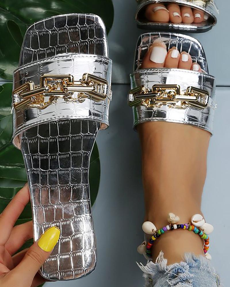 

Square Toe Chain Decor Slippers, Silver