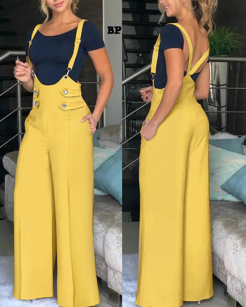 

Button Decor Wide Leg Suspender Jumpsuit, Yellow
