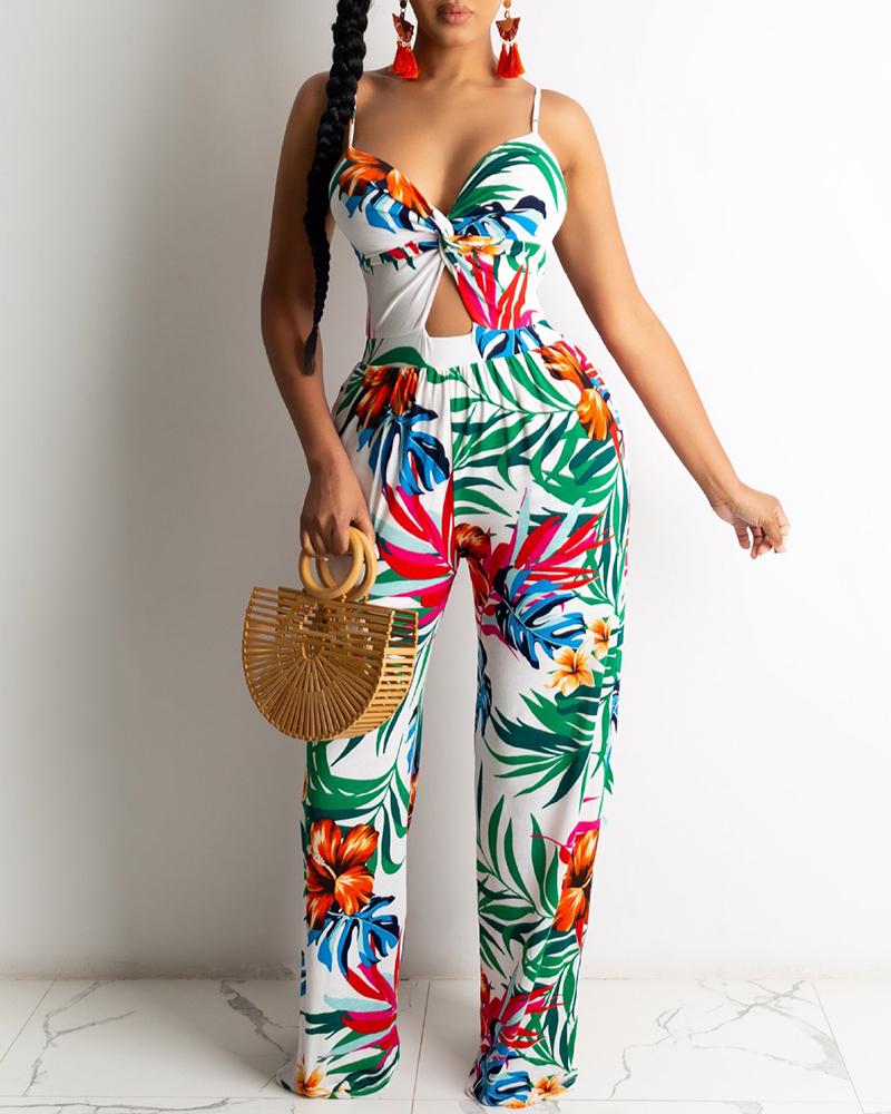 

Floral Leaf Leopard Print Tie Front Jumpsuit, White
