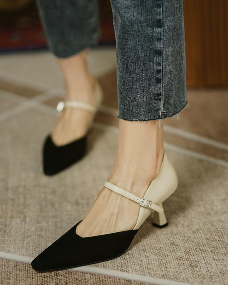 

Pointed Toe Colorblock Suede Patch Buckled Heels, Black