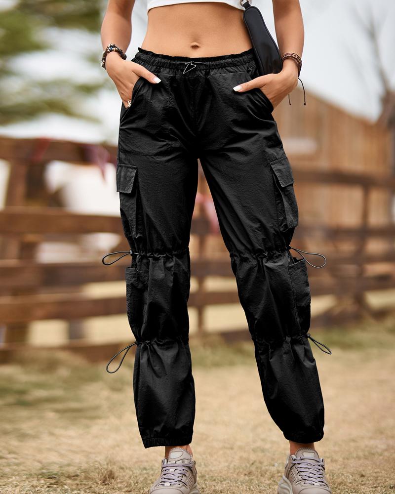 

Pocket Design Drawstring Cargo Pants, Black