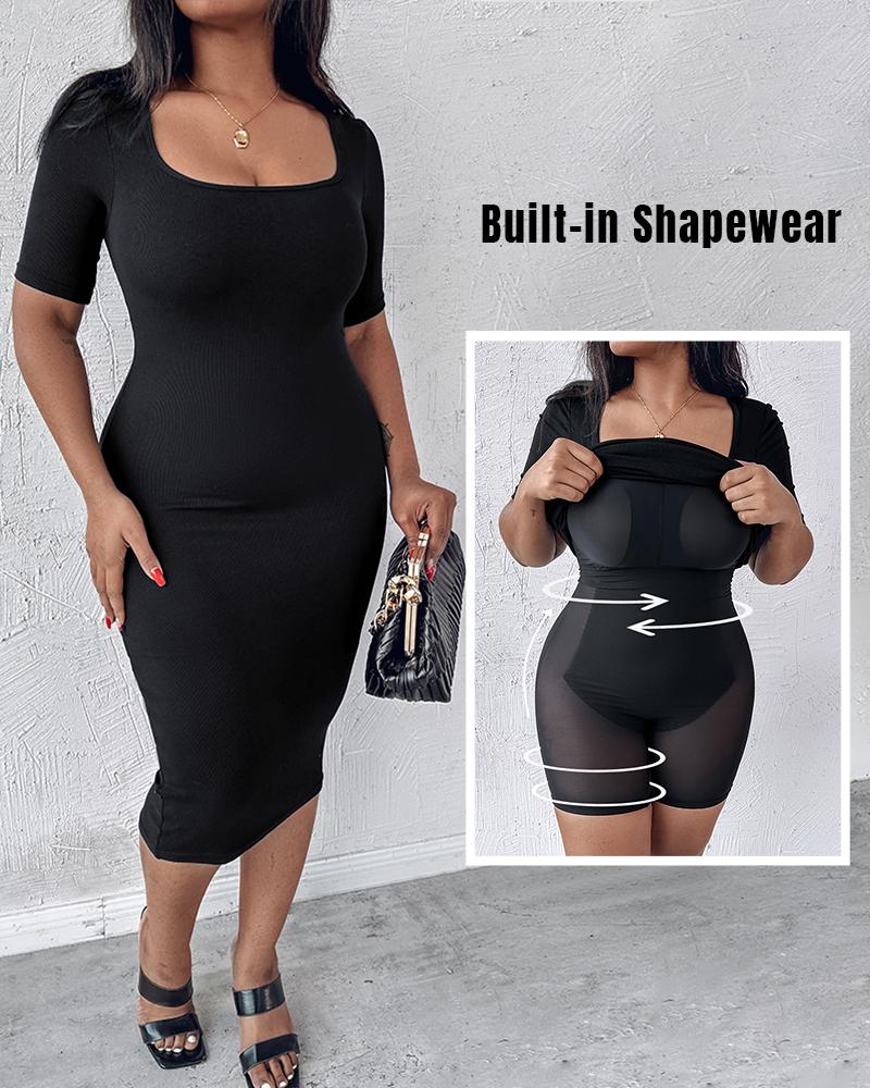 

BUILT-IN SHAPEWEAR Vestido midi de manga curta com decote quadrado e corte justo, Black