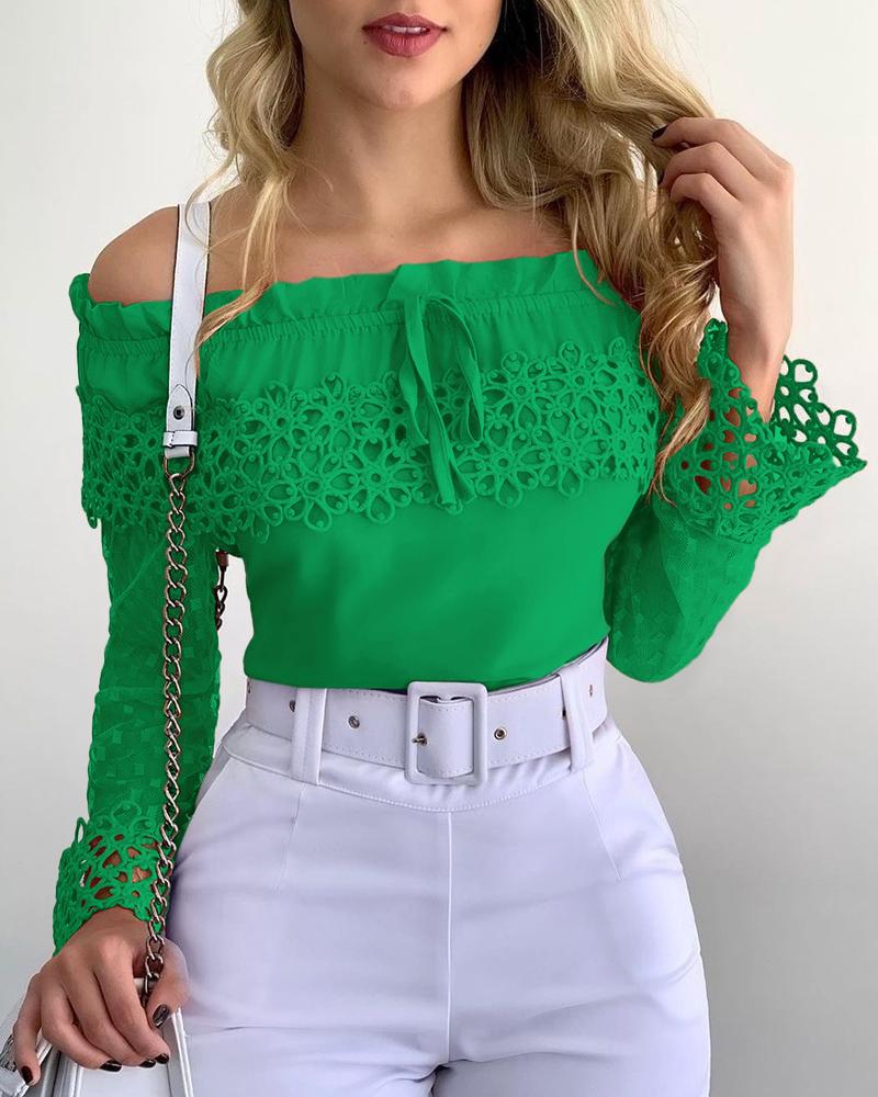 

Off Shoulder Guipure Lace Frill Hem Drawstring Top, Green