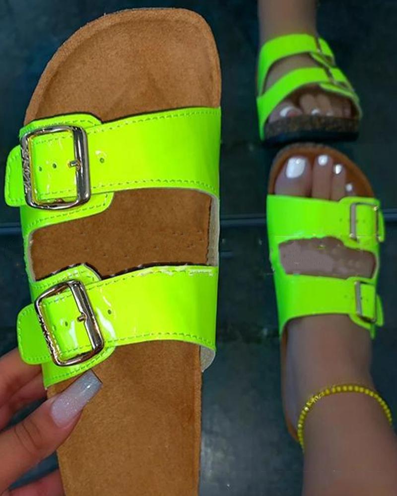 

Round-toe Solid Color Splicing Double Buckles Platform Slippers, Green