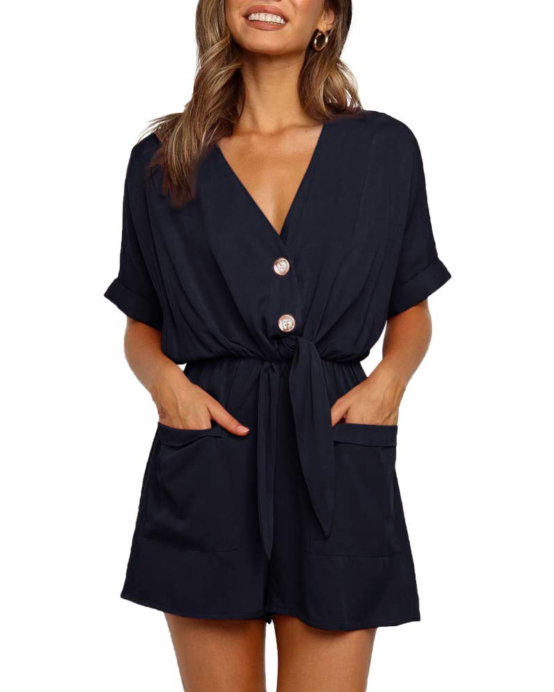 

V-Neck Pocket Design Tied Detail Romper, Dark blue