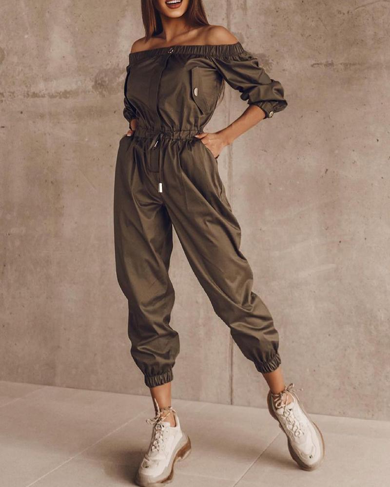 

Off Shoulder Pocket Design Drawstring Jumpsuit, Army green