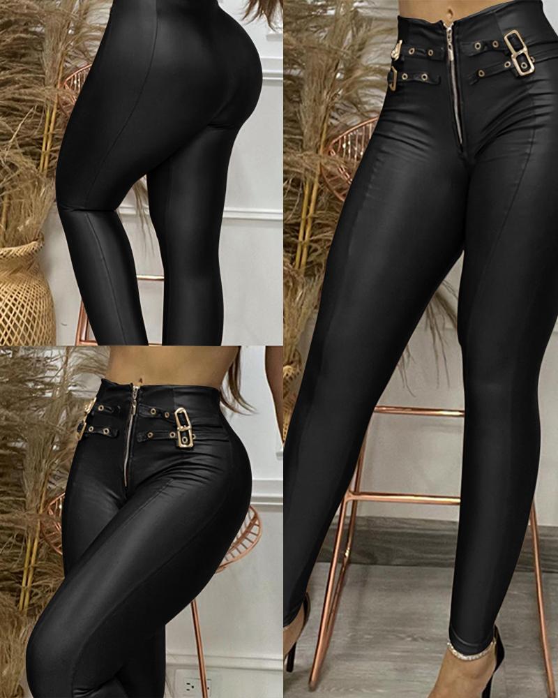 

Eyelet Zipper Design Metallic Skinny Pants, Black