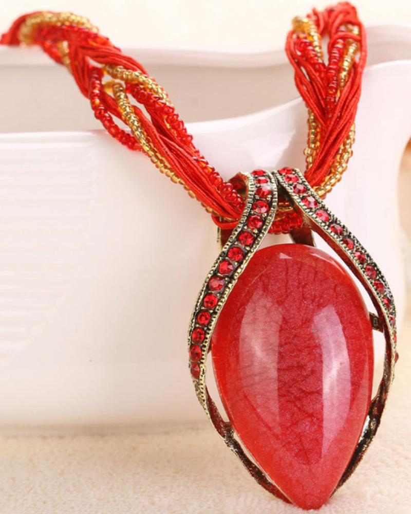 

1pc Bohemian Oval Stone Braided Pendant Necklace, Red