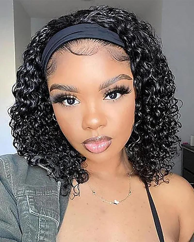 

Synthetic Water Wave Short Black Curly Heandband Bob Wigs Without Headband