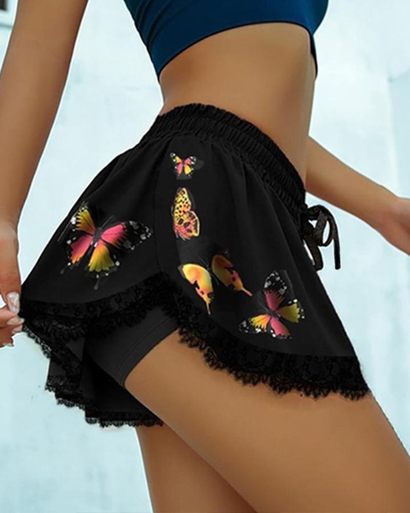 

Butterfly Print Drawstring Waist Lace Trim Skorts, Black