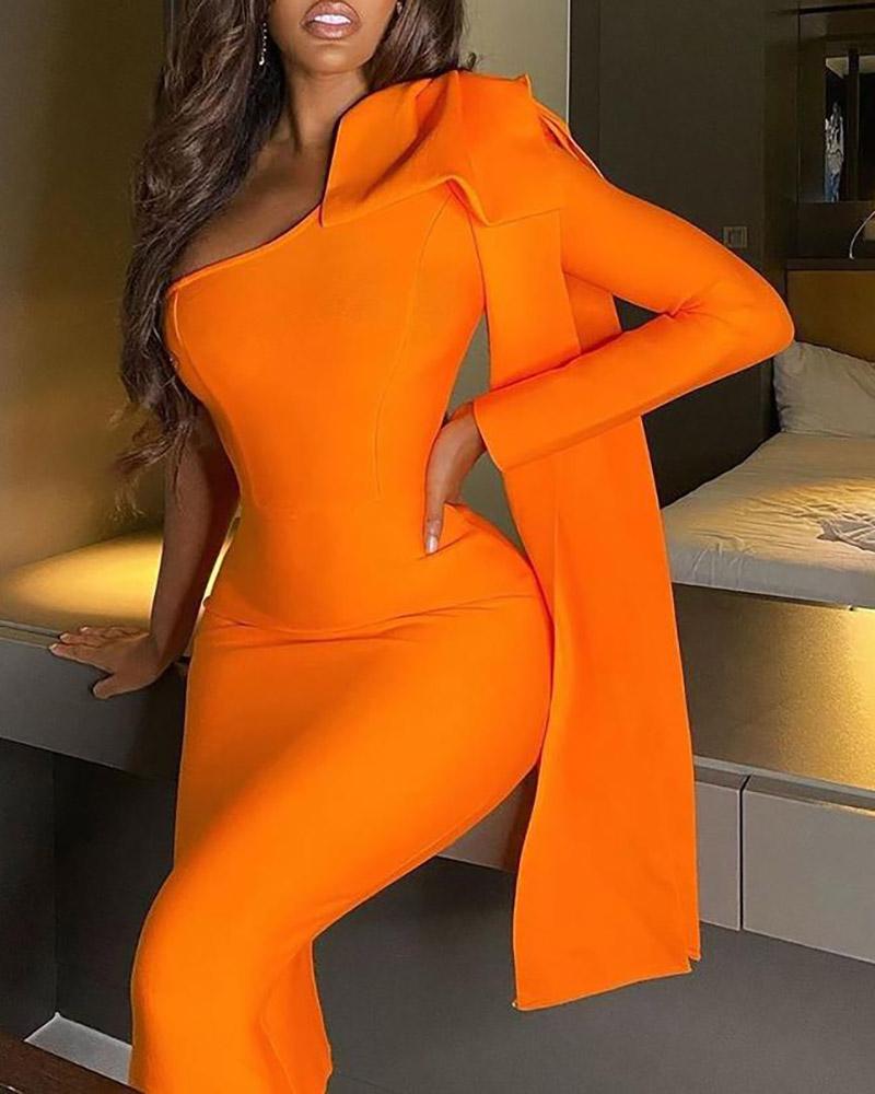 

One Shoulder Cloak Design Ruffles Party Dress, Orange