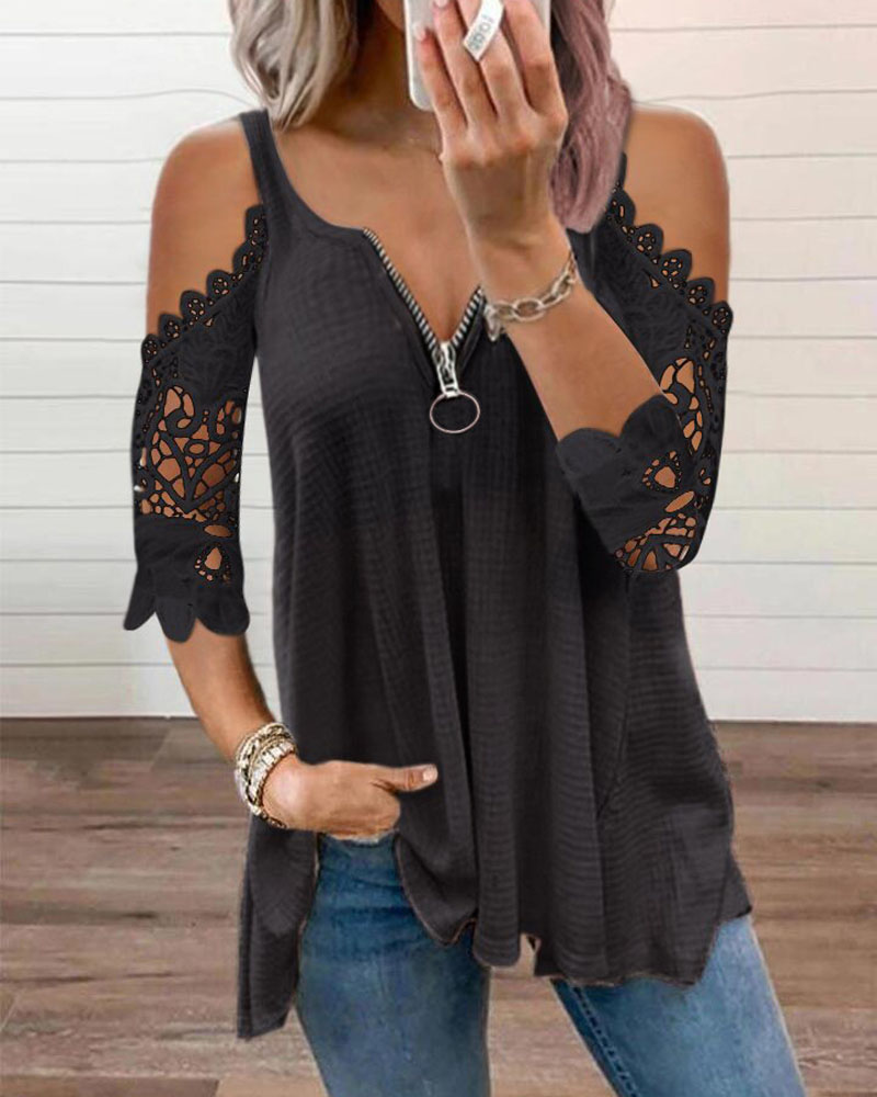 

Contrast Lace Cold Shoulder Zip Front Top, Black