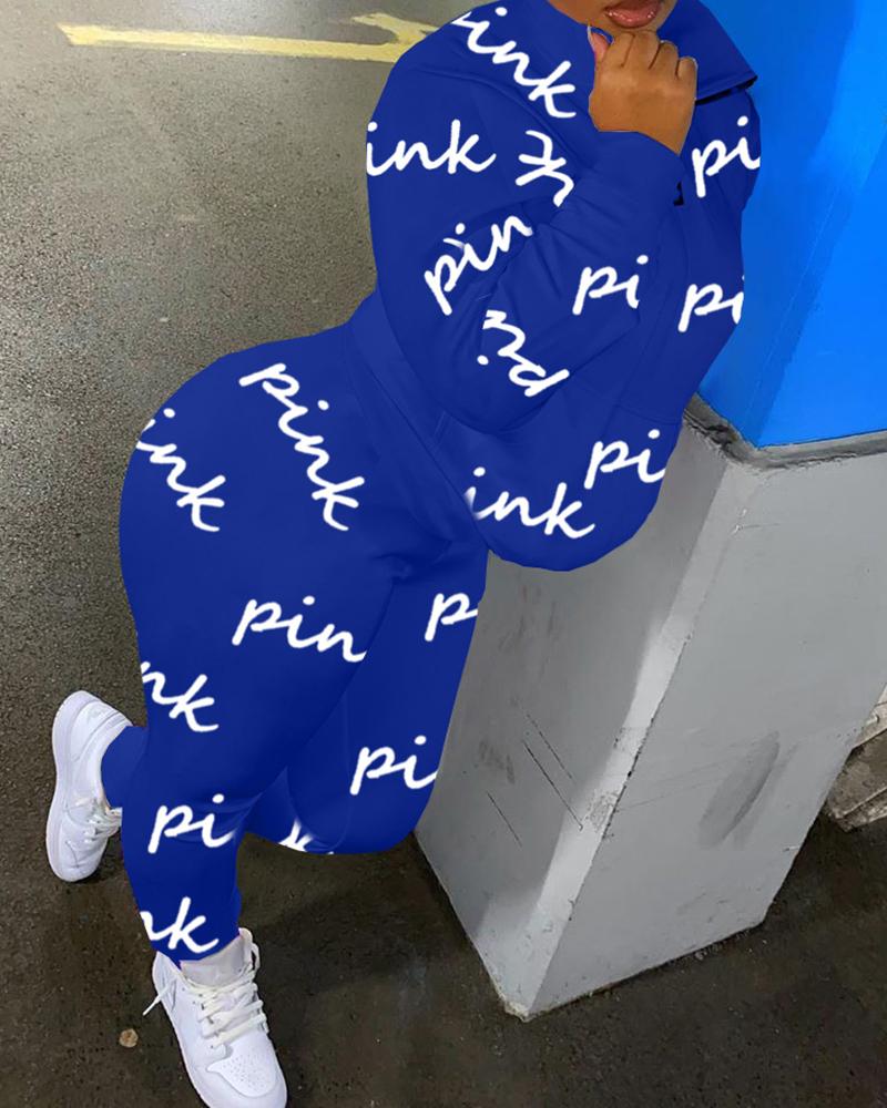 

Letter Print Long Sleeve Top & Pants Set, Dark blue