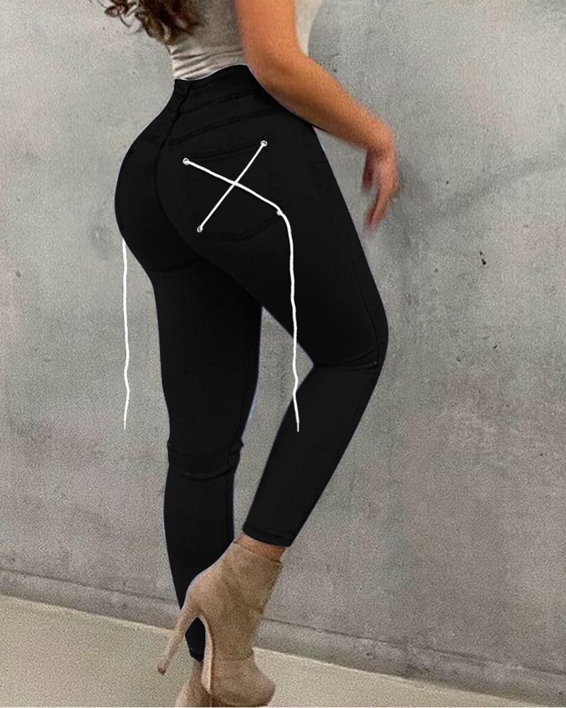 

Grommet Eyelet Lace-up Zip Fly Skinny Jeans, Black