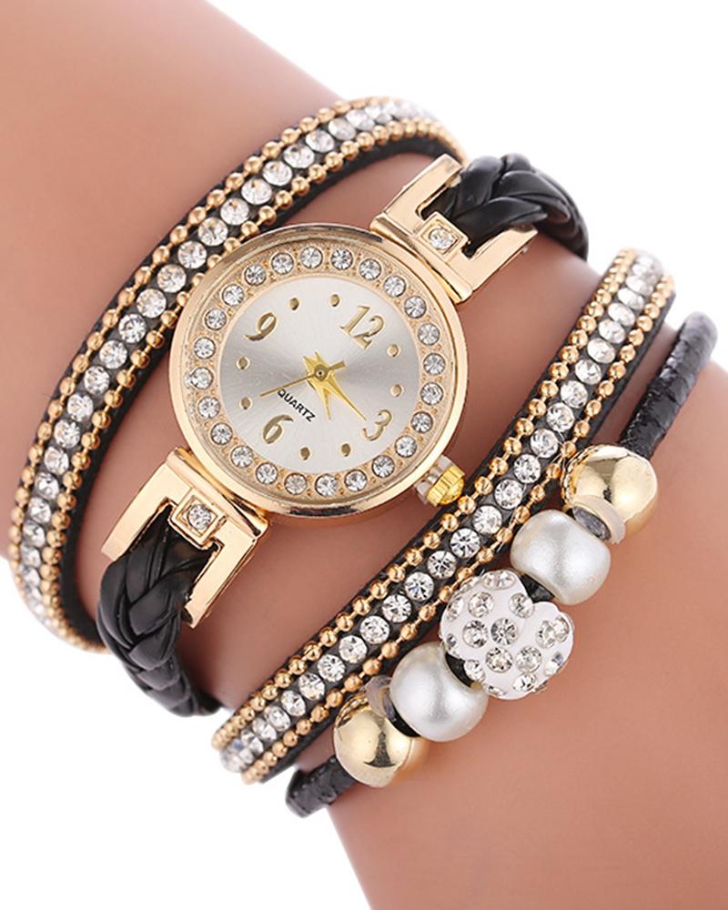 

1pc Rhinestone Decor Bangle Quartz Watch, Black