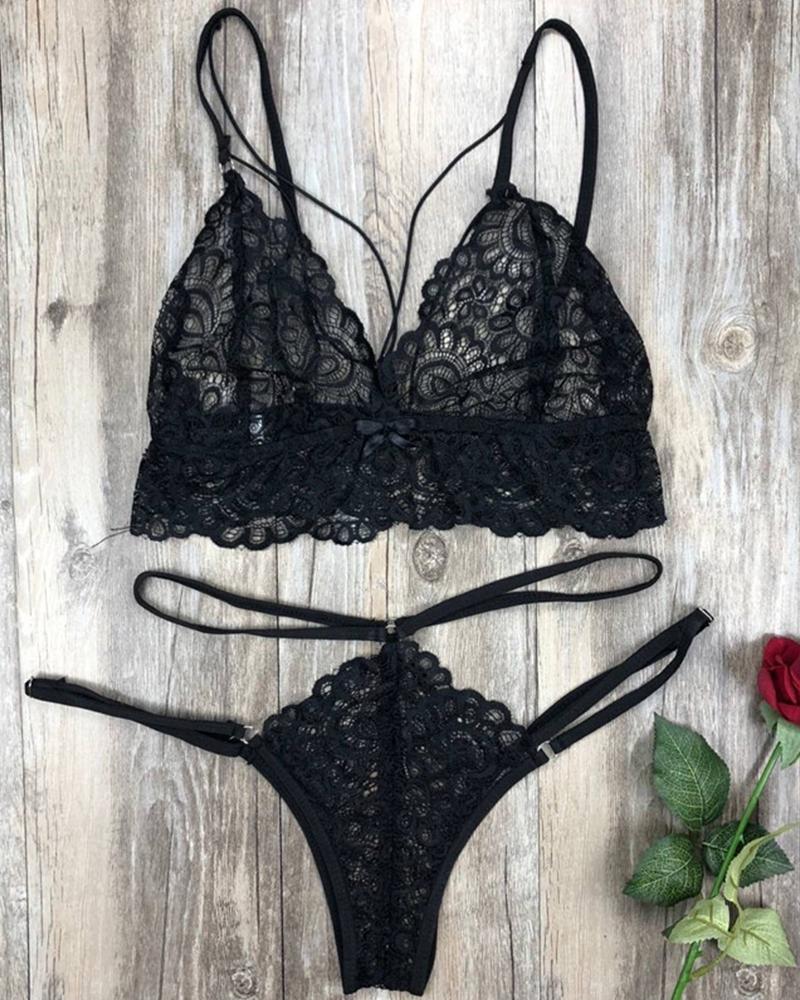 

Solid Strap Lace Cut-out Halter Lingerie Sets, Black