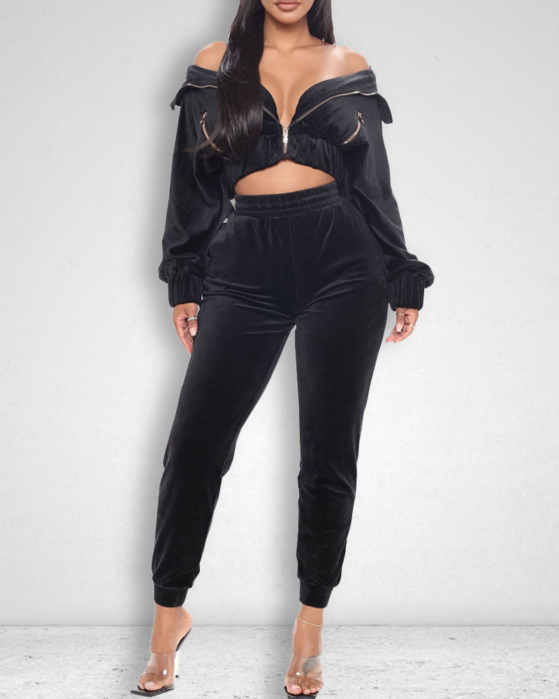 

Batwing Sleeve Zip Up Crop Top & Pants Set, Black