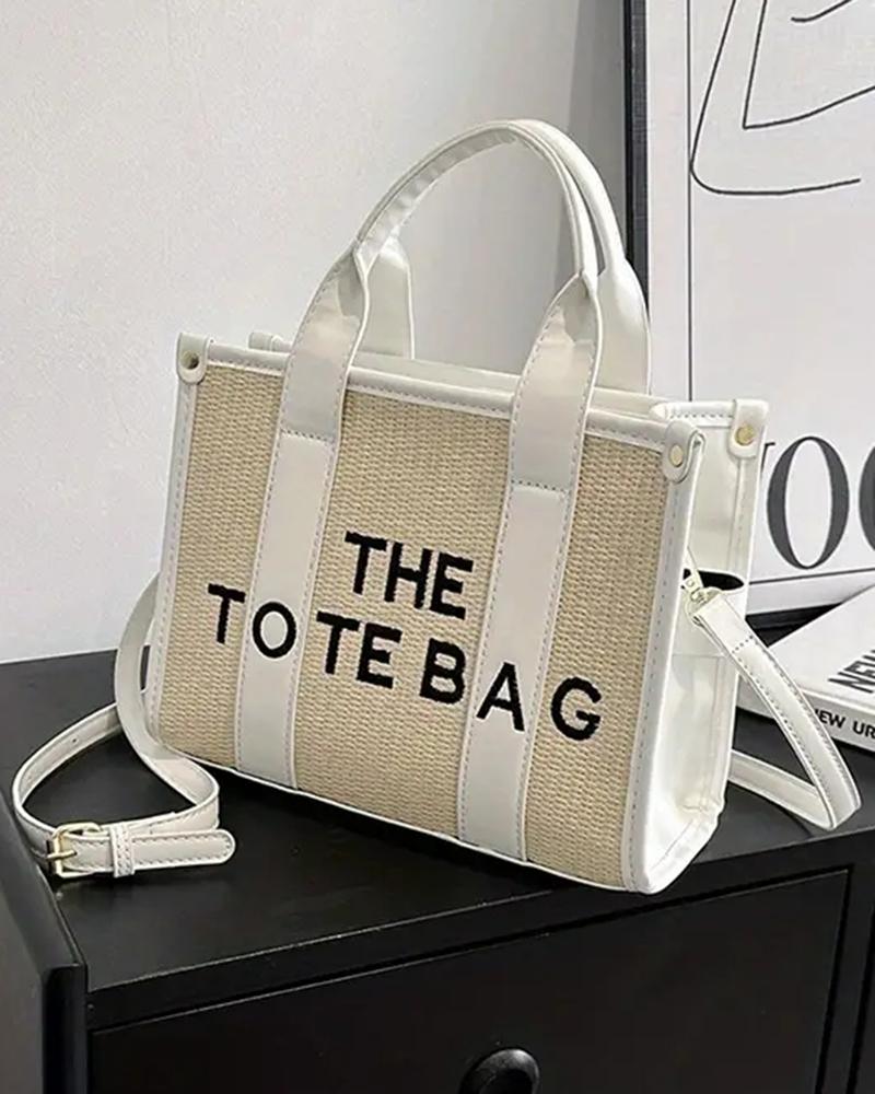 

Letter Embroidery Versatile All-Match Straw Tote Bag, White