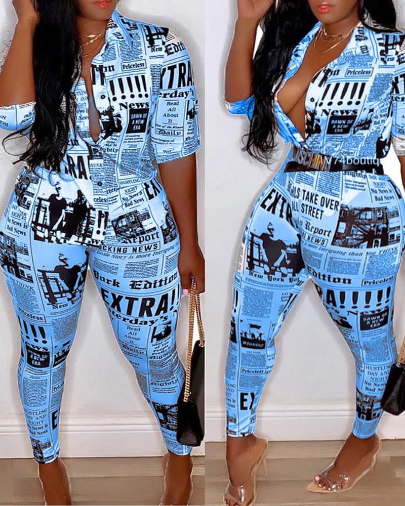 

Newspaper Print Button Design Shirt & Fitted Pants Set, Blue