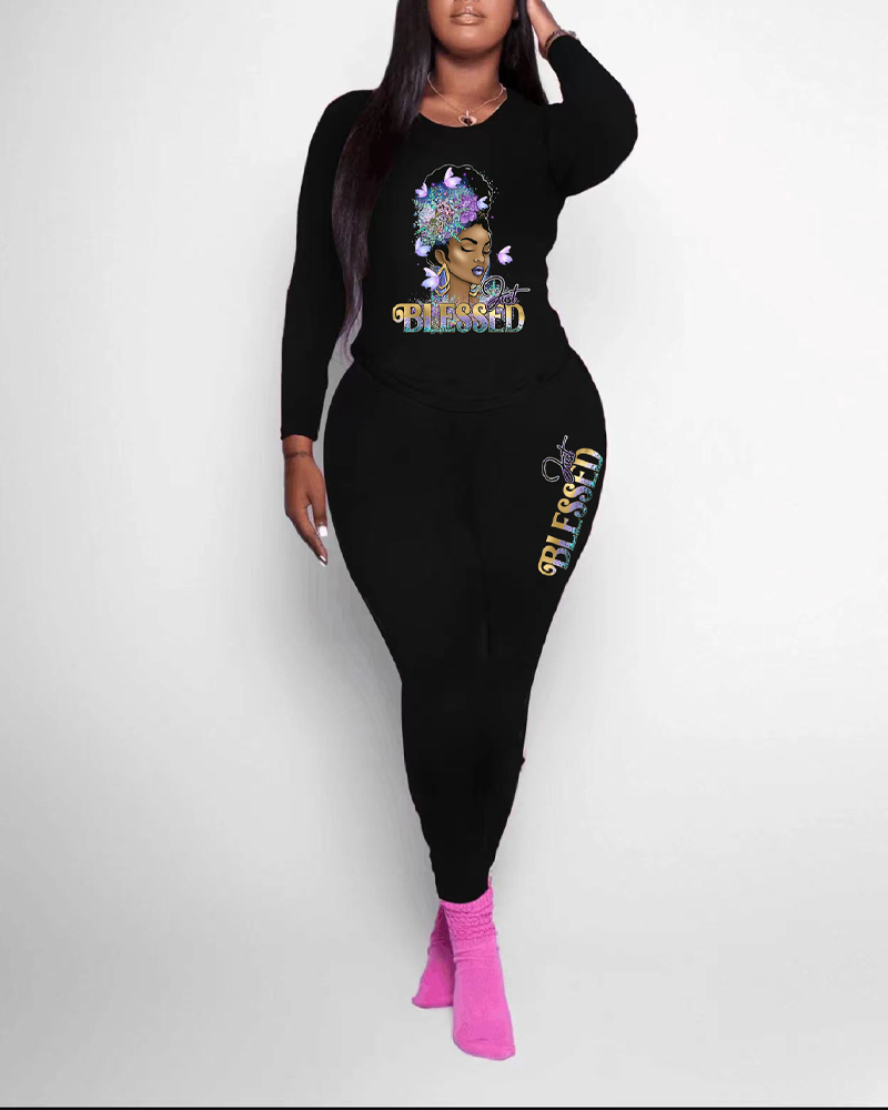 

Plus Size Figure Letter Print Long Sleeve Top & Pants Set, Black