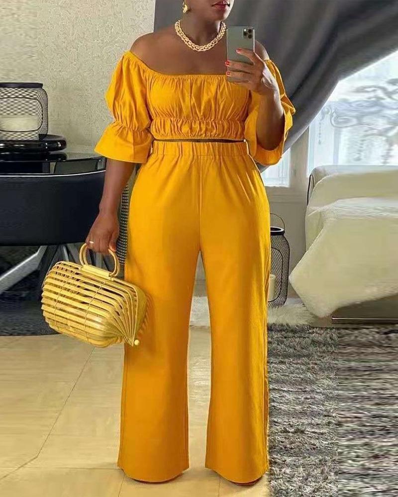 

Ruched Square Neck Top & Wide Leg Pants Set, Yellow