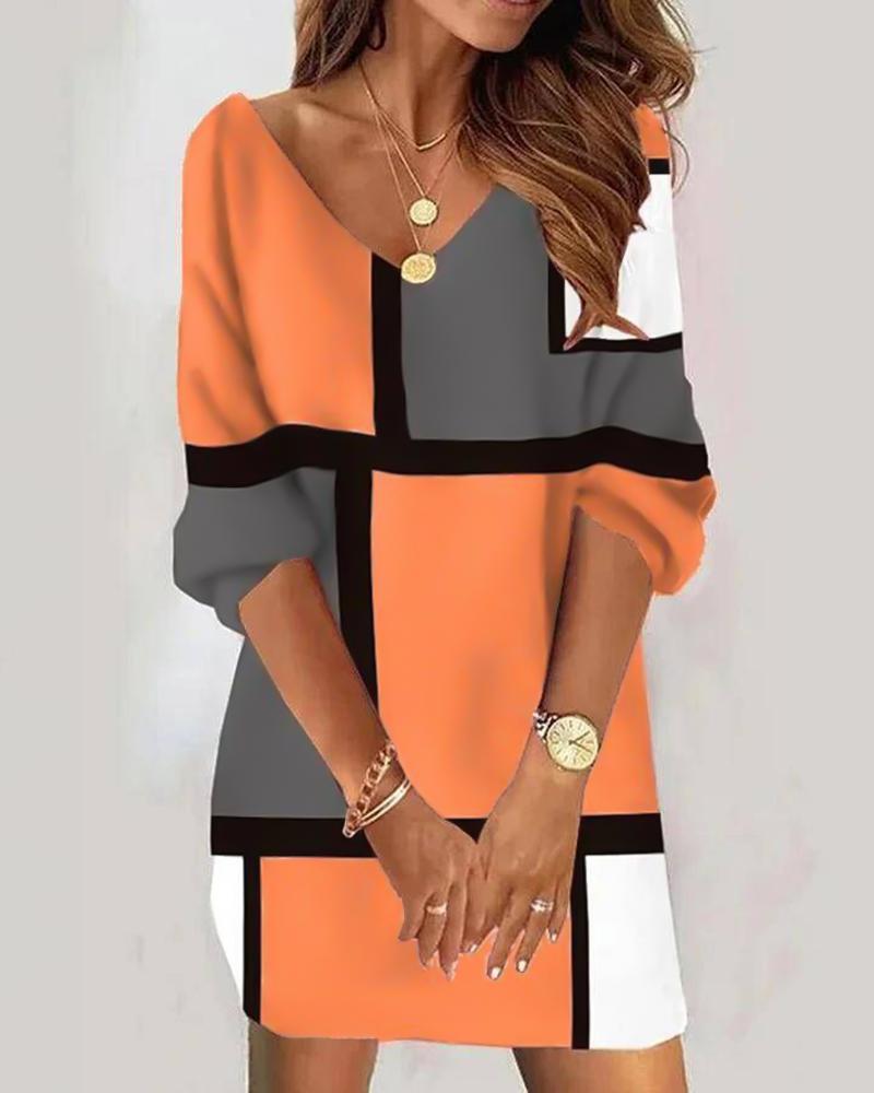 

Geometric Print Colorblock Casual Dress, Orange