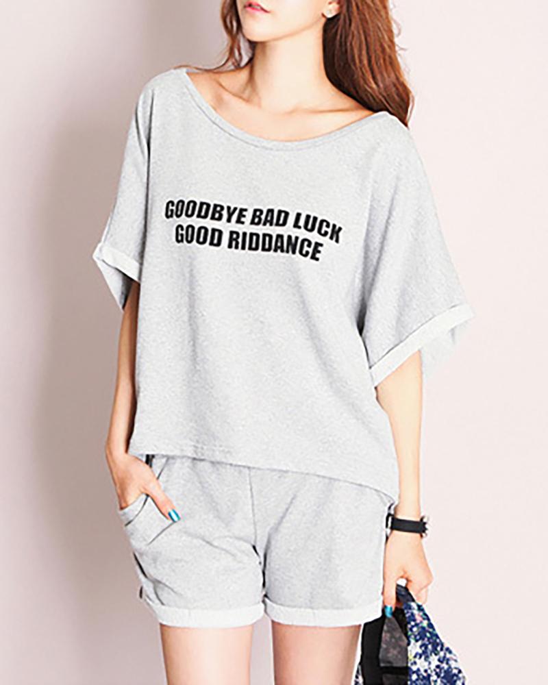 

Letter Print Short Sleeve Drawstring Pajamas Set, Gray