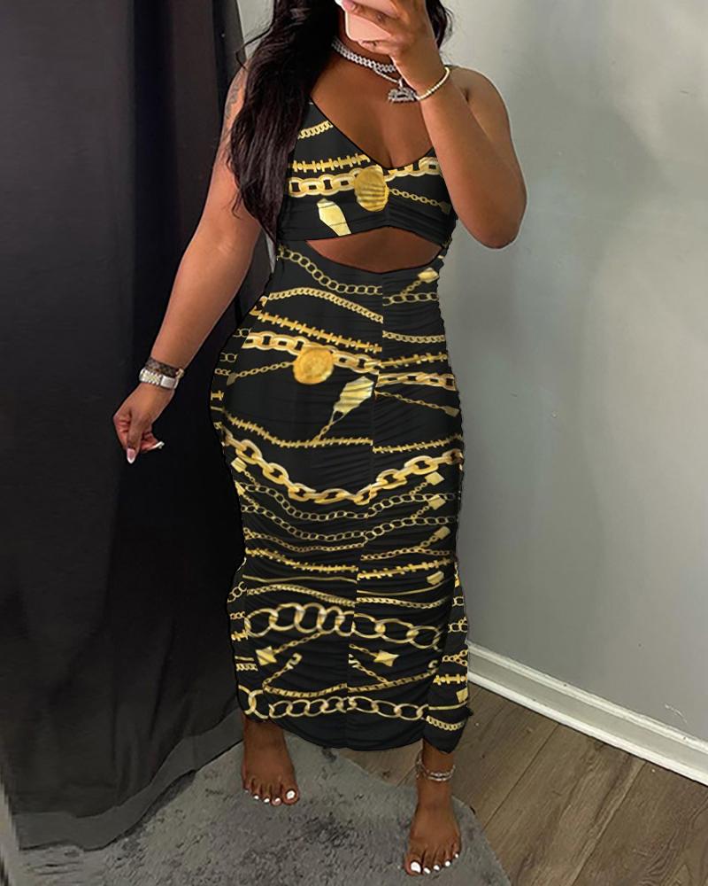 

Chain Print Cutout Ruched Slit Maxi Dress, Black