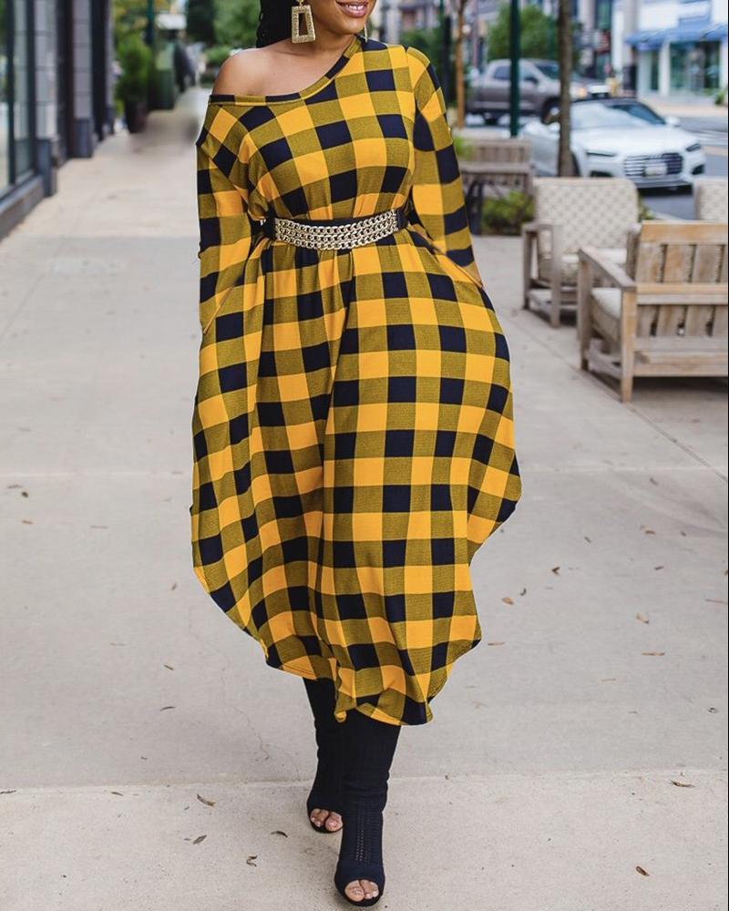 

Plaid Print Long Sleeve Round Neck Casual Dress, Yellow