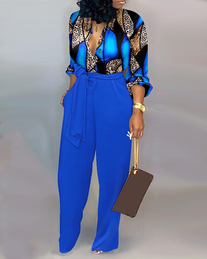 

Leopard Baroque Print Pocket Design Knotted Jumpsuit, Blue