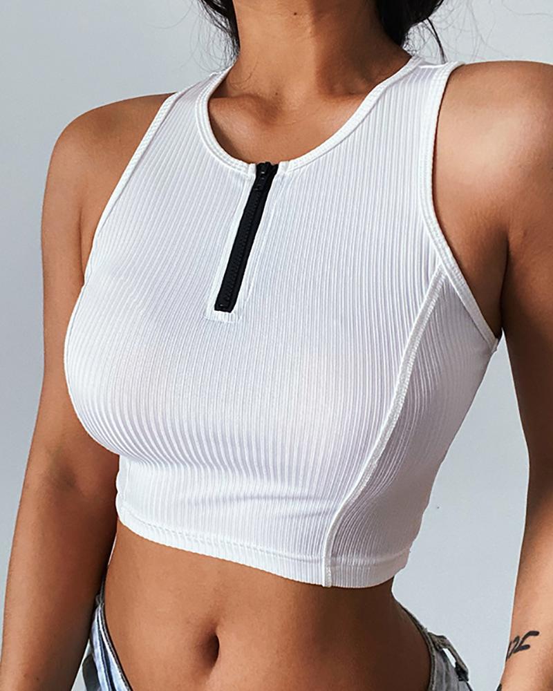 

Zip Front Colorblock Sleeveless Crop Top, White