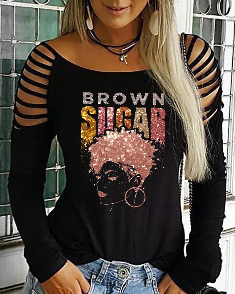 

Brown Sugar Afro Queen Print Cold Shoulder Top, Black