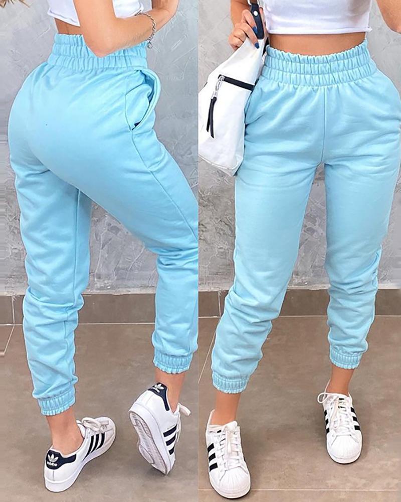 

High Waist Shirred Pocket Design Casual Pants, Sky blue