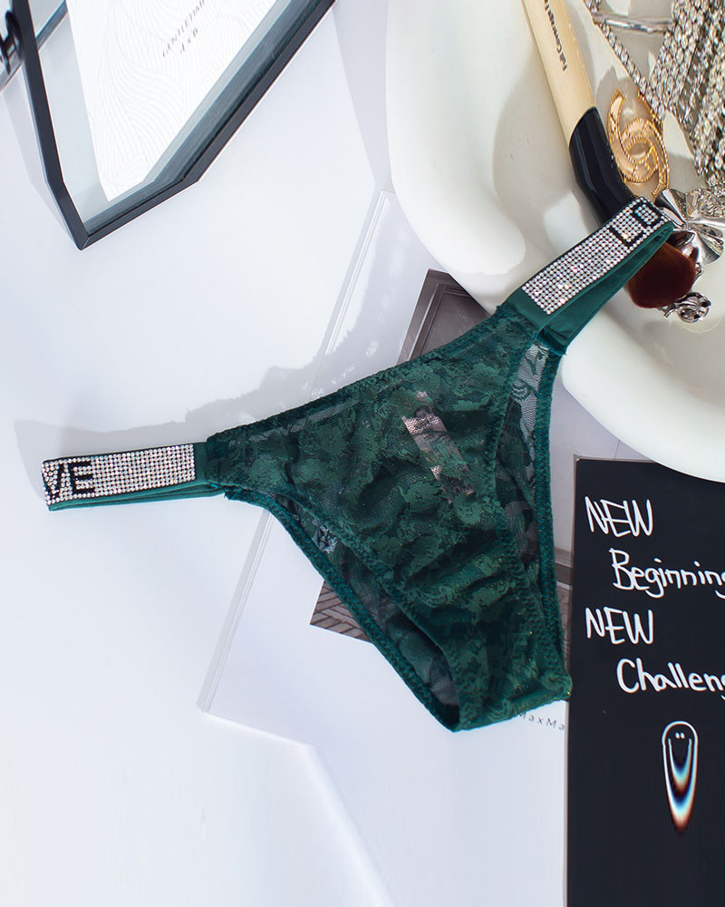 

Rhinestone Letter Breathable Lace Panty, Green