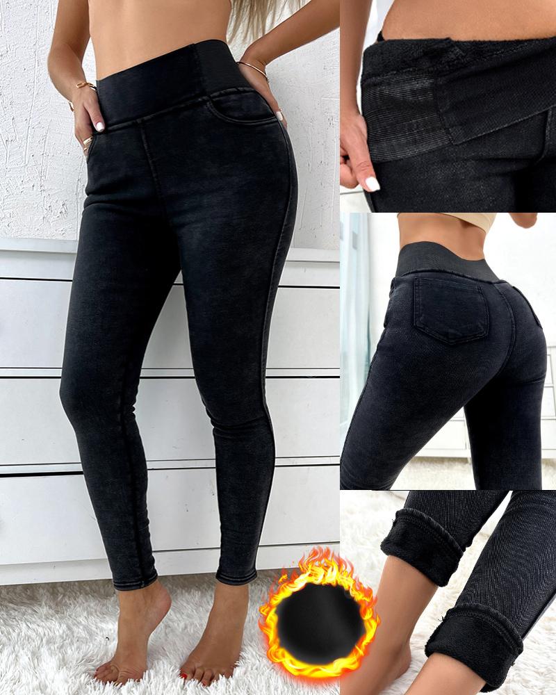 

High Waist Thermal Warm Fleece Lined Leggings, Black