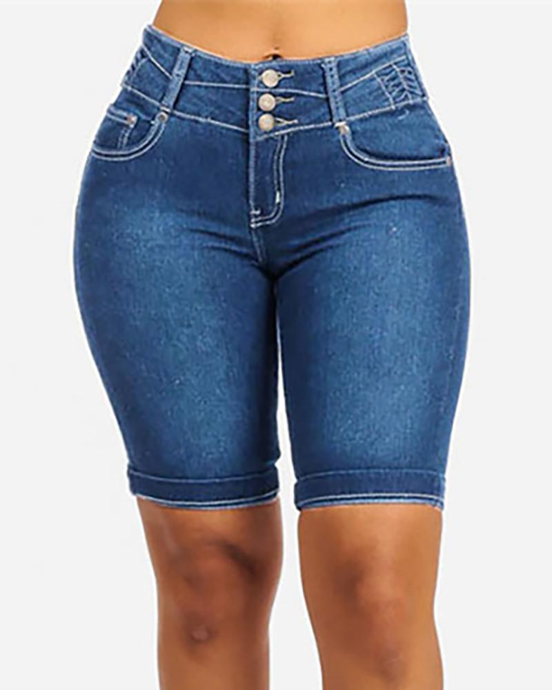 

Button Design High Waist Pockets Denim Shorts, Light blue