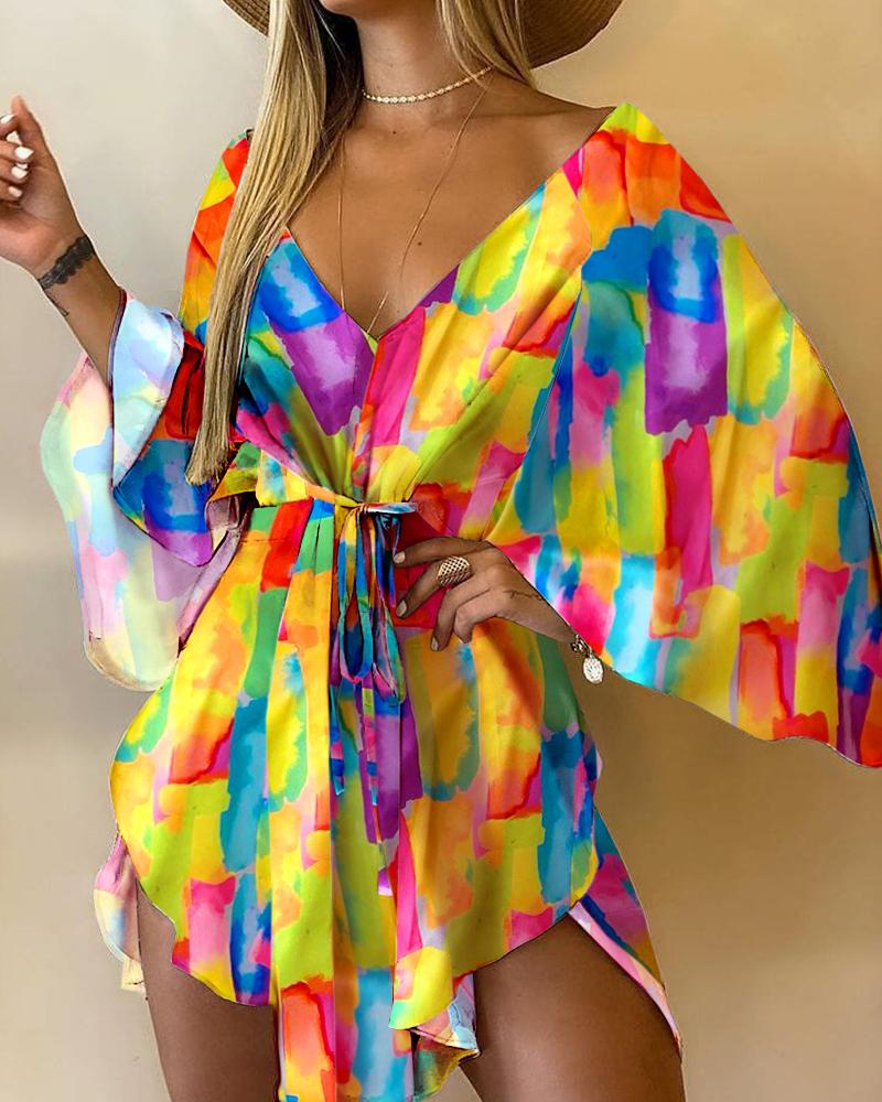 

Colorblock Batwing Sleeve Tied Detail Dress, Multicolor