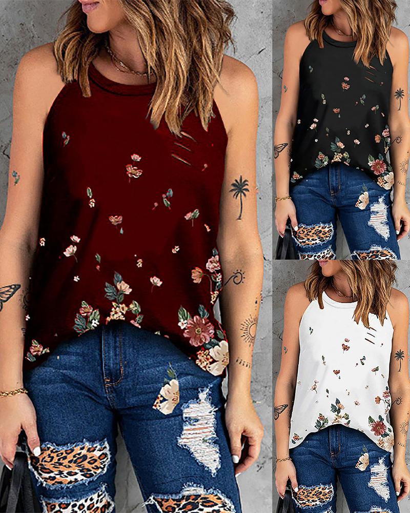 

Sleeveless Floral Print Casual Top, Wine red