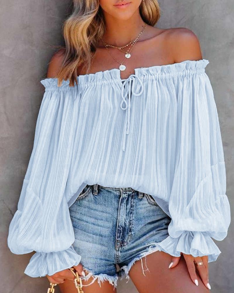 

Off Shoulder Frill Hem Lantern Sleeve Top, Lighted blue