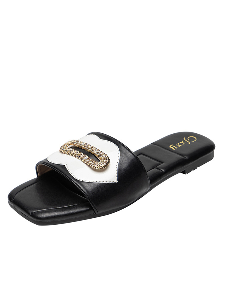 

Square Toe Casual Splicing Lips Flat Slippers, Black