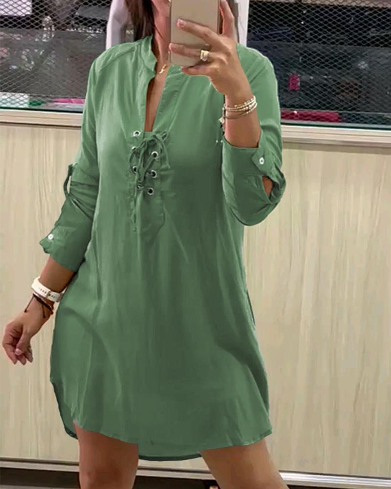 

Vestido camisero de manga larga con diseño de bolsillo con cordones, Green